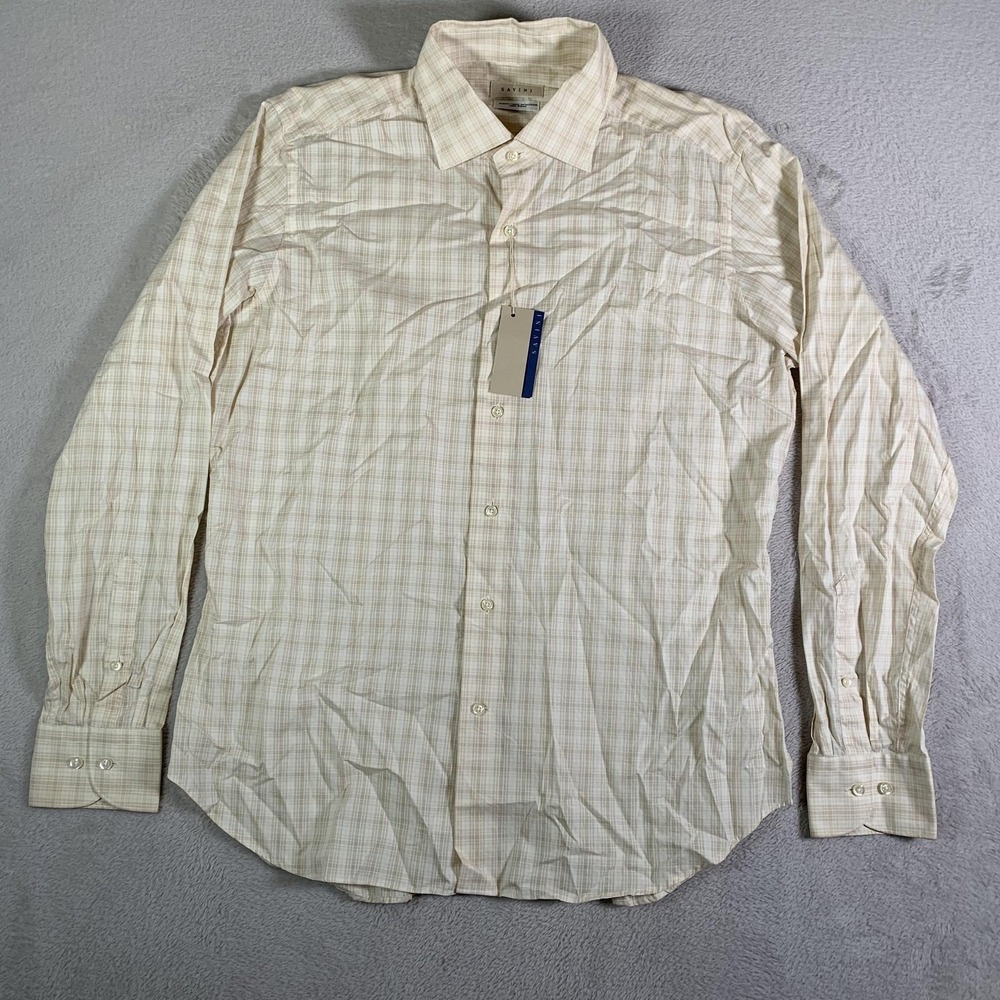 Savini Dress Shirt Mens 16.5 42 Beige Plaid Slim Fit Cotton Made Italy FLAW